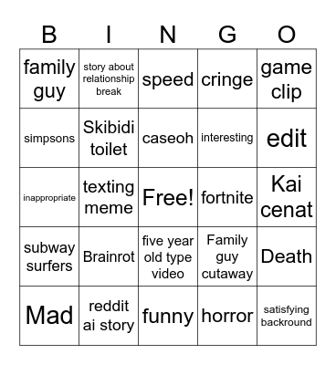 YT shorts Bingo Card