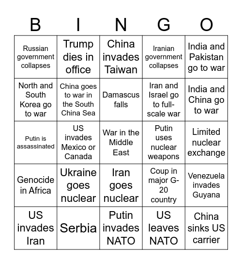 2025 Geopolitics Bingo Card Bingo Card