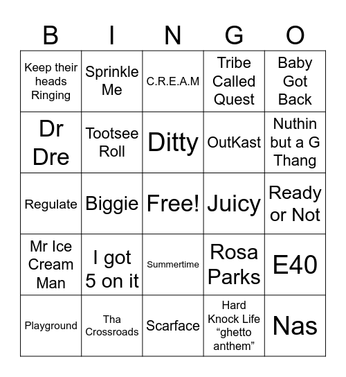 Ratchet 90s Bops Bingo Card