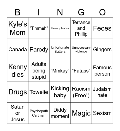 South Park Bingo Card