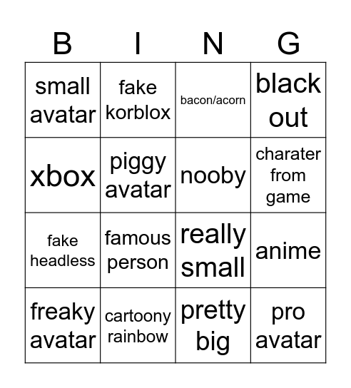 roblox avatars ill find Bingo Card