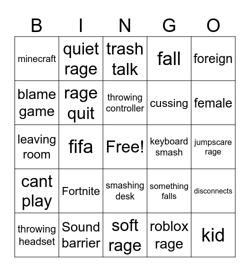 Gamer rage Bingo Card