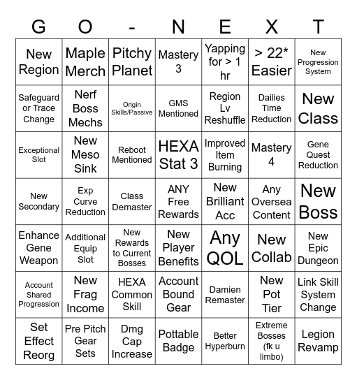 GO NEXT Bingo Card