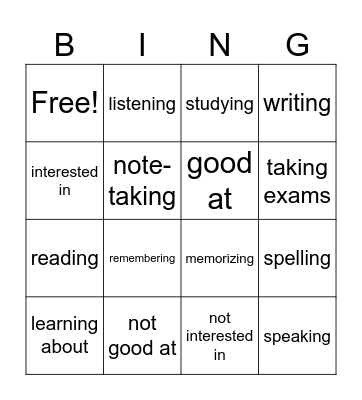 School Skills Bingo Card