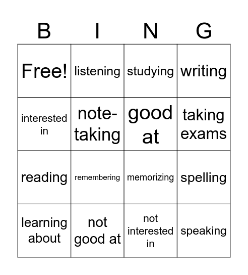 School Skills Bingo Card