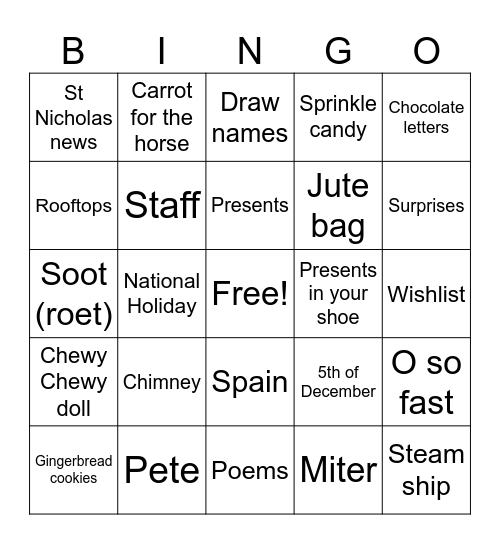 St Nicholas bingo Card