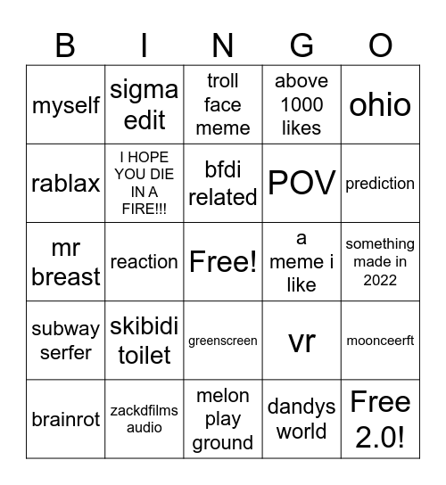 yt short bingo Card
