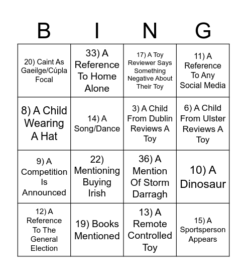 Late Late Toy Show 2024 Bingo Playalong Bingo Card