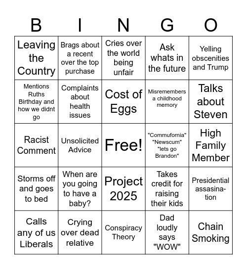 Dysfunctional Family Bingo Card