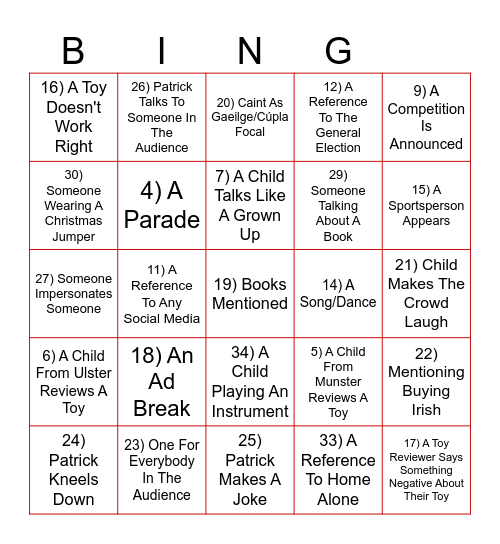 Late Late Toy Show 2024 Playalong Bingo by @ringomusicbingo Card