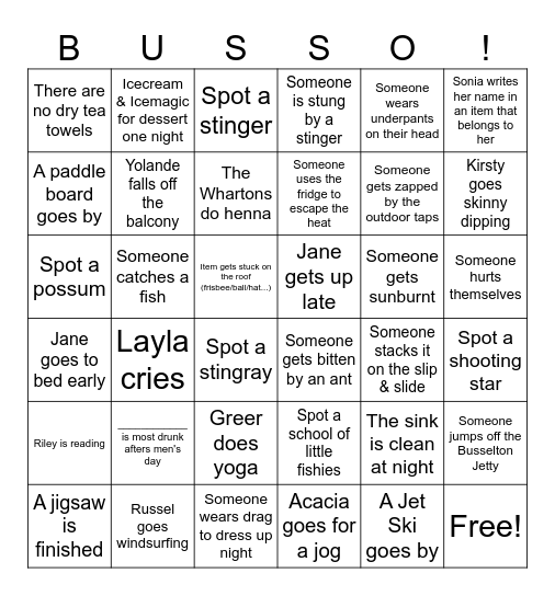 Busselton Bingo! Bingo Card