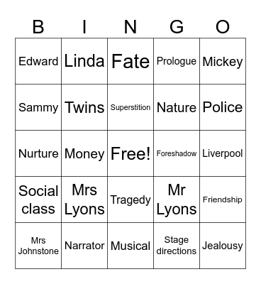 Blood Brothers Bingo Card