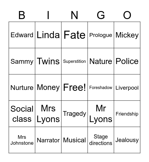 Blood Brothers Bingo Card