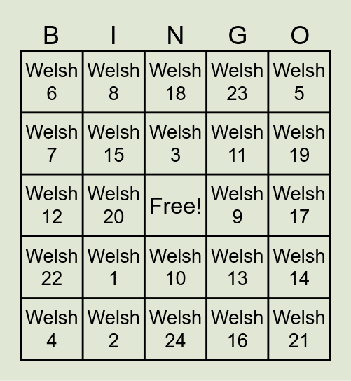 Welsh Bingo Card