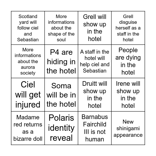 Predictions of Ciel and Sebastian mission Bingo Card