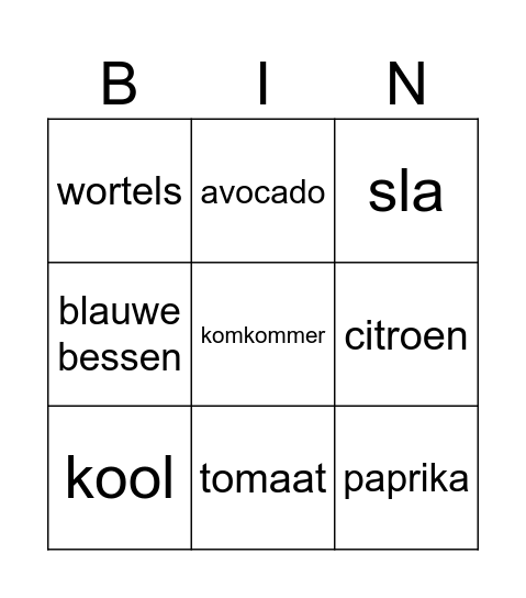 nt2 groenten en fruit Bingo Card