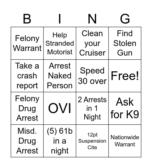 Christmas Police Bingo Card