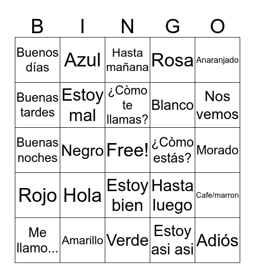 Spanish Bingo Card