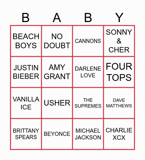 BABY SONG BINGO Card