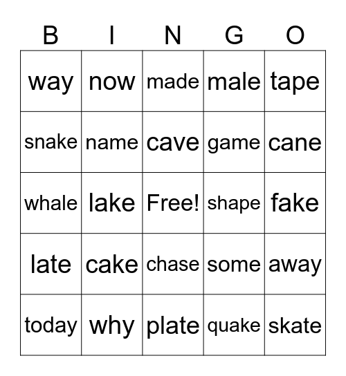 a-e Bingo Card