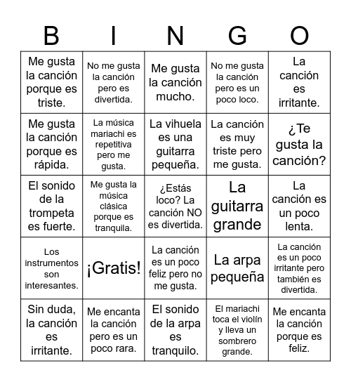 U3 - La música mariachi Bingo Card