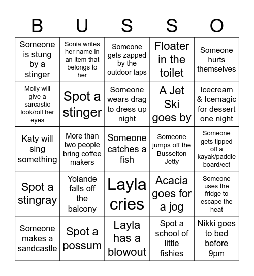 Busselton Bingo! Bingo Card