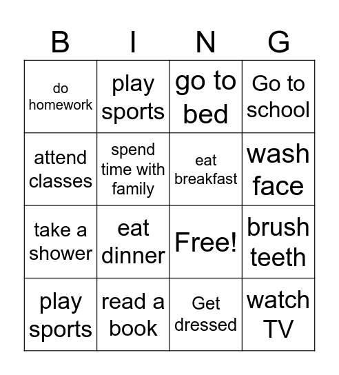 Daily routine Bingo Card