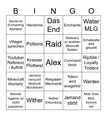 Minecraft Film Bingo Card