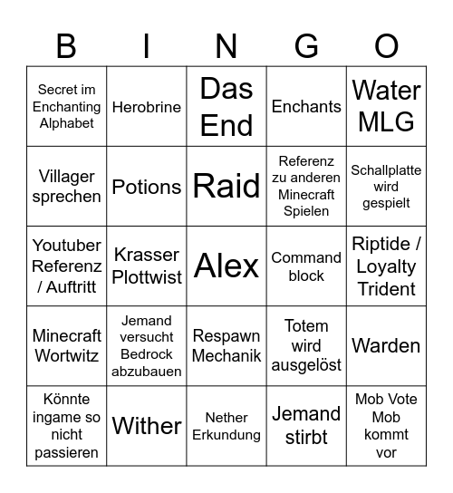 Minecraft Film Bingo Card