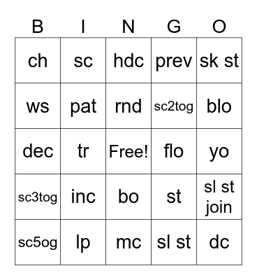 Crochet Abbreviations Bingo Card