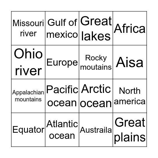 Geography bingo Card