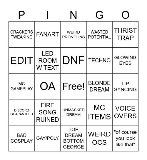 DREAM CRINGE BINGO Card