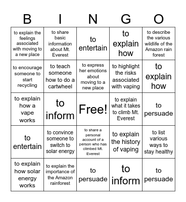 Author's Purpose Bingo Card