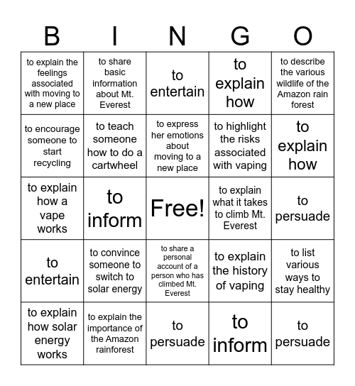 Author's Purpose Bingo Card