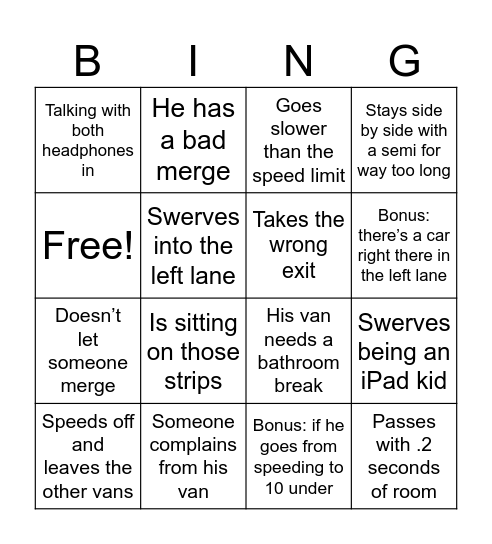 Coach driving Bingo Card