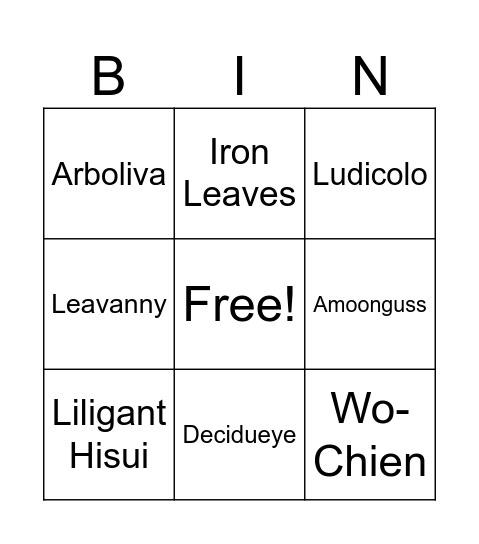 Grass Type Bingo Card