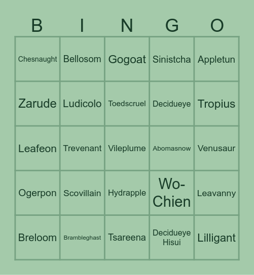 Grass Type Bingo Card