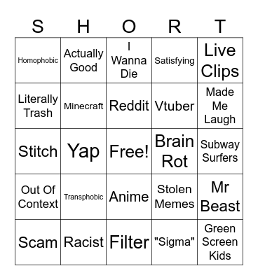 Shorts bingo Card