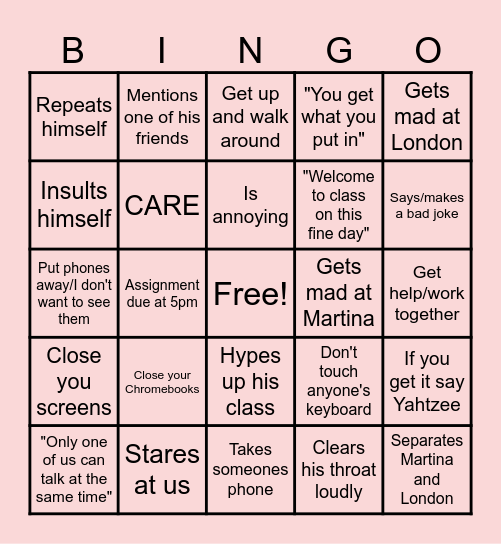 Class Bingo Card