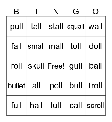 -all,-oll, -ull  Bingo Card