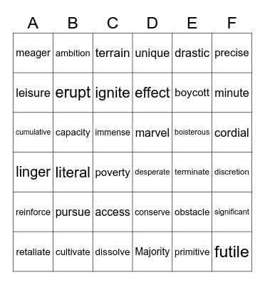 Vocabulary Bingo Card