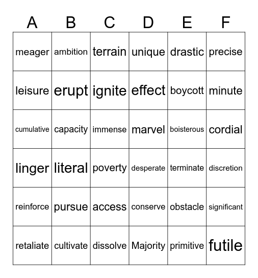 Vocabulary Bingo Card