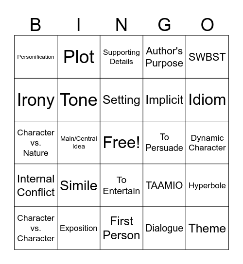 ELA & Reading Review Bingo Card