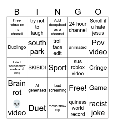 YT shorts bingo Card