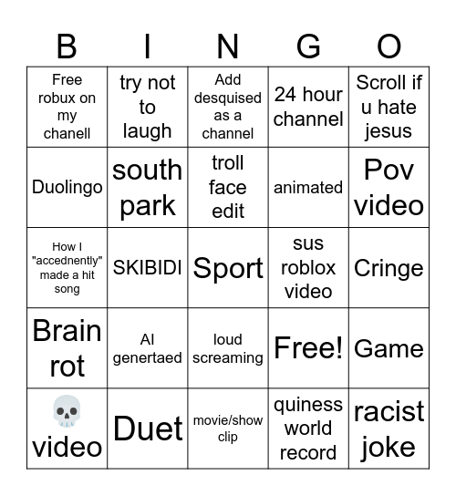 YT shorts bingo Card