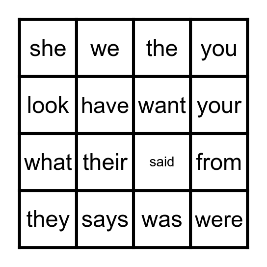 Heart Word BINGO Card
