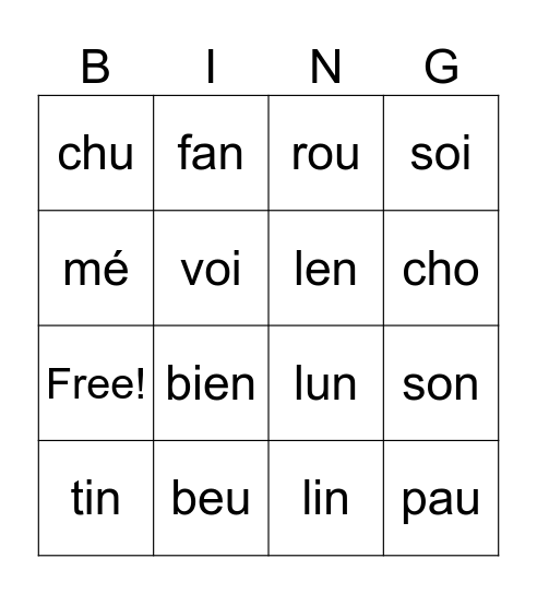 Syllabes sons Bingo Card