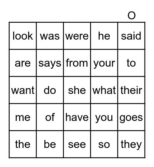 Heart Word Bingo Card