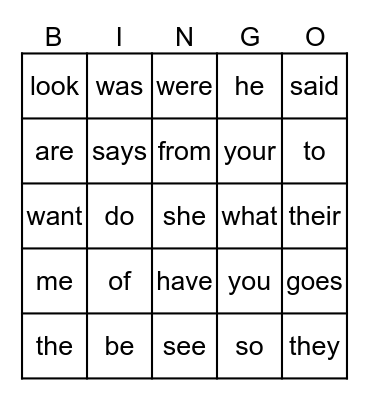 Heart Word Bingo Card