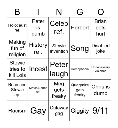 Family Guy Bingo Card